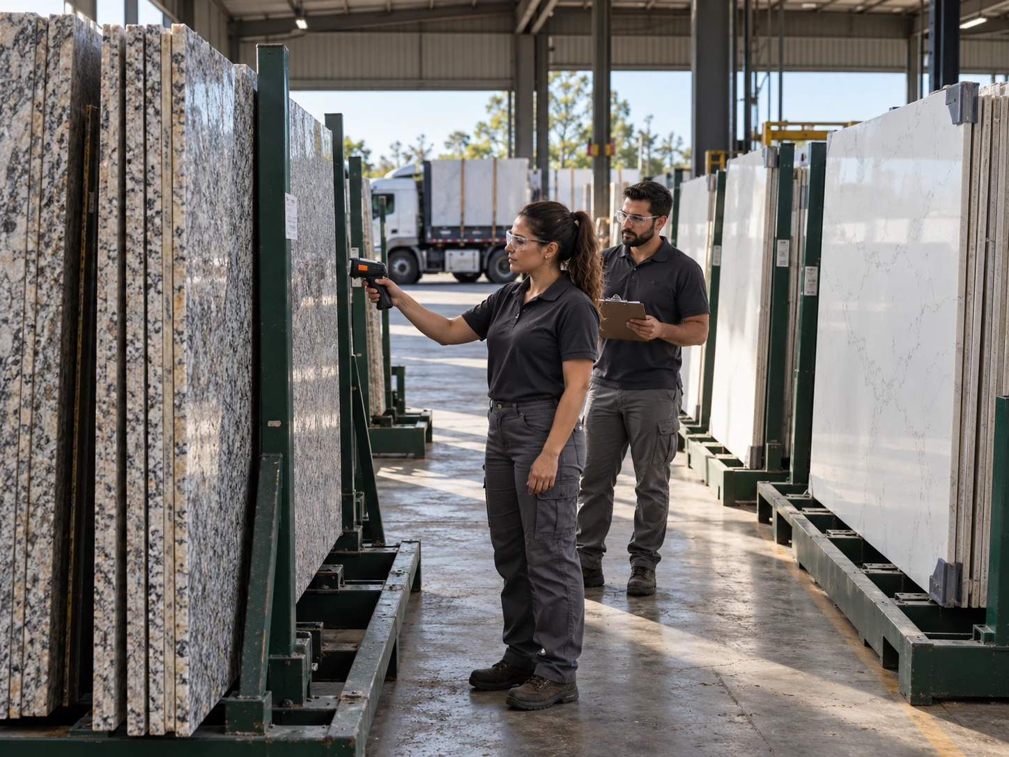 Equipe confere chapas naturais e sintéticas na área de expedição.